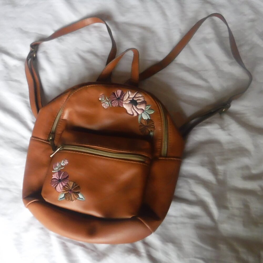 Brown Back Pack Womens small Faux Leather Back pack Embroidered Flower